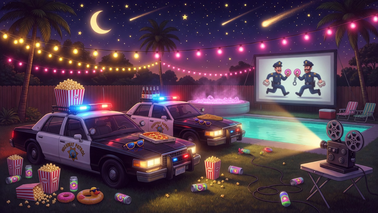 Movie night patrol cars and backyard projector party art