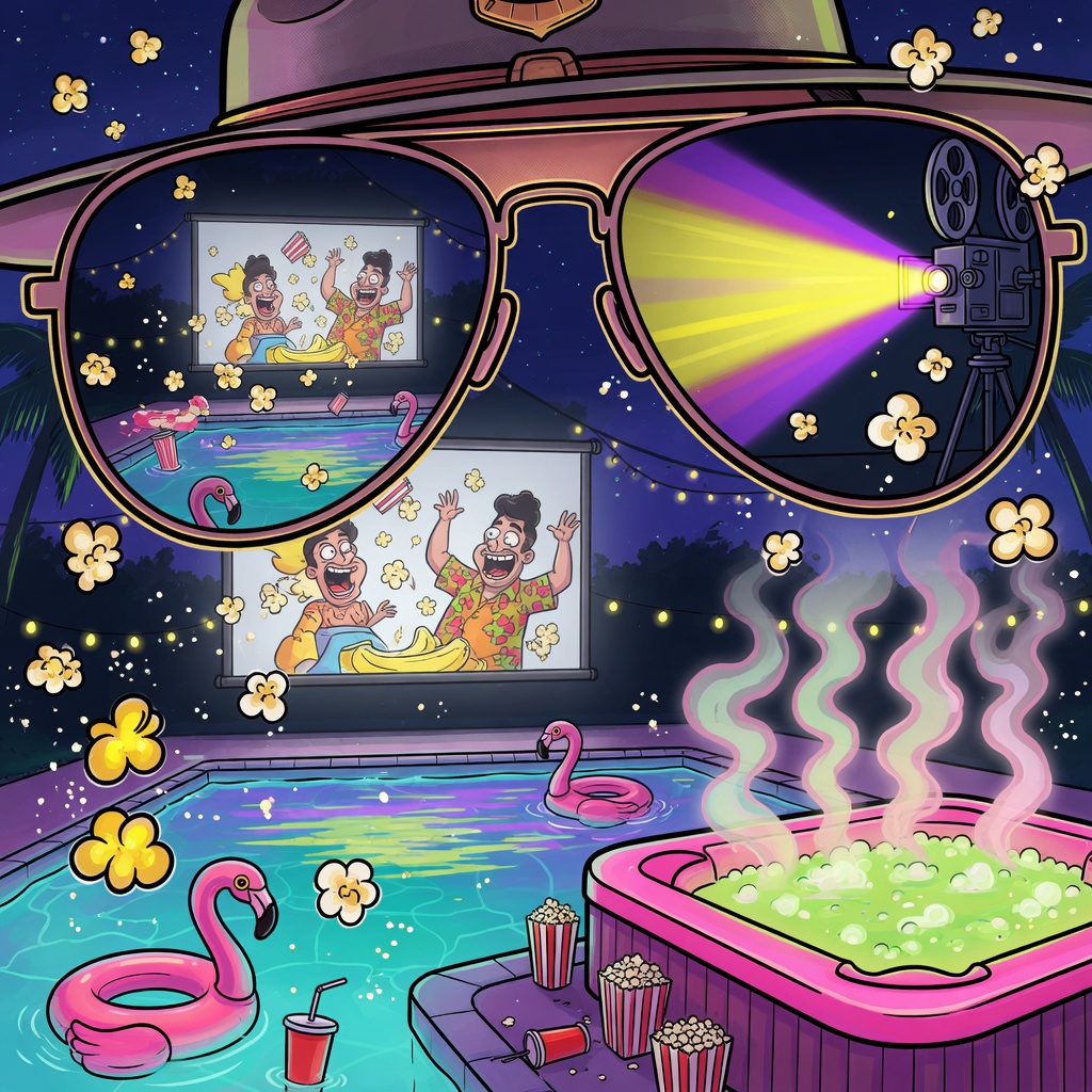 Trooper sunglasses reflecting outdoor projector by the pool